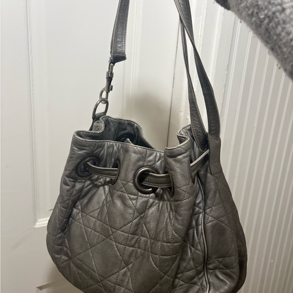 DIOR Grey Cannage Drawstring Bag